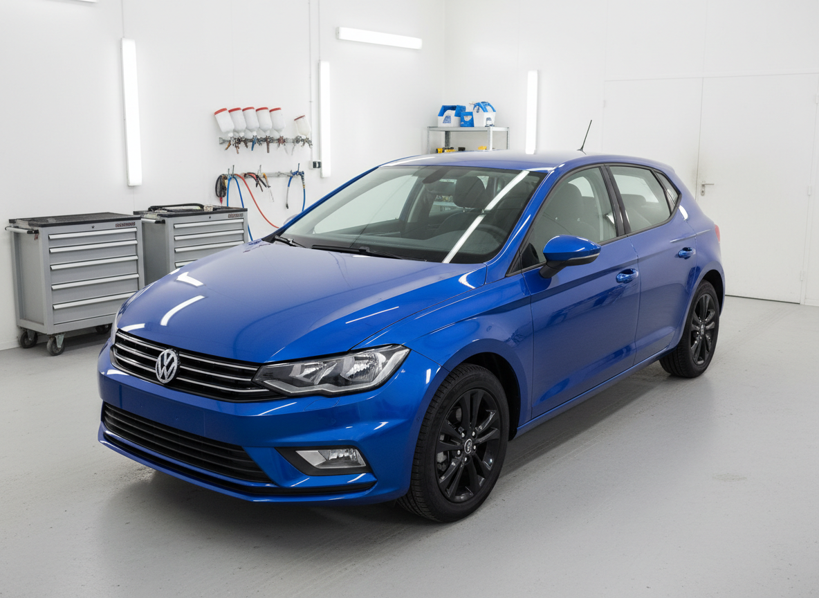 A freshly restored deep-blue hatchback with a flawless, mirror-smooth paint job stands centered in a spotless, modern workshop in Austertana. The metallic lacquer reflects the clean white walls, tool cabinets, and neatly arranged spray equipment in the background. Cool, diffused overhead LED lighting creates even illumination across the body panels, highlighting the perfect reflections along the doors and fenders while casting soft shadows beneath the car. Photographed at eye level from the front three-quarter angle with sharp focus throughout, the composition emphasizes craftsmanship and precision. The atmosphere feels professional and trustworthy, with a photographic realism style that showcases high-quality bilservice and billakkering without any human presence.
